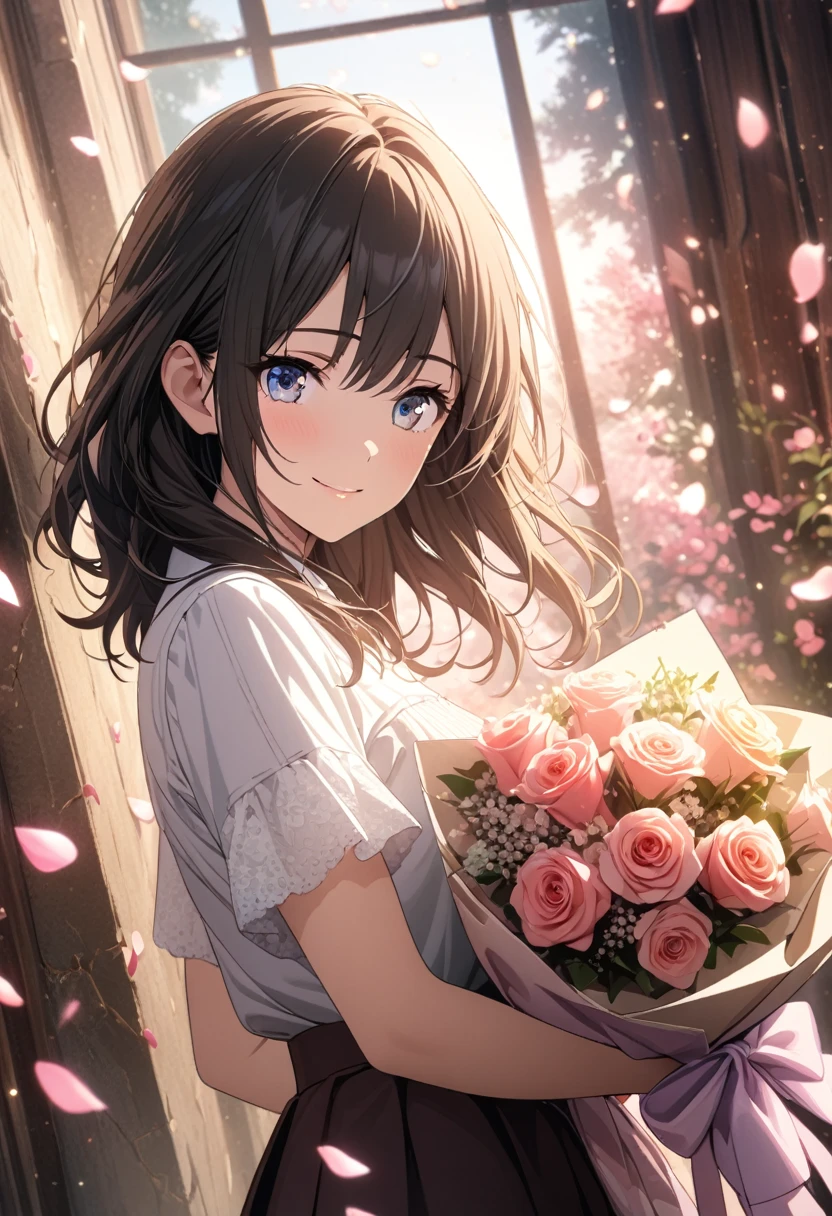 Intermediate View, Medium Shot, Depth of written boundary, pink々shattered into, Upper Body, Movie angle, masterpiece, Highest quality, Very detailed, CG, 8k wallpaper, Pretty face, Beautiful Eyes, girl, alone, smile, bangs, skirt, shirt, have, skirt, bow, petal, bouquet