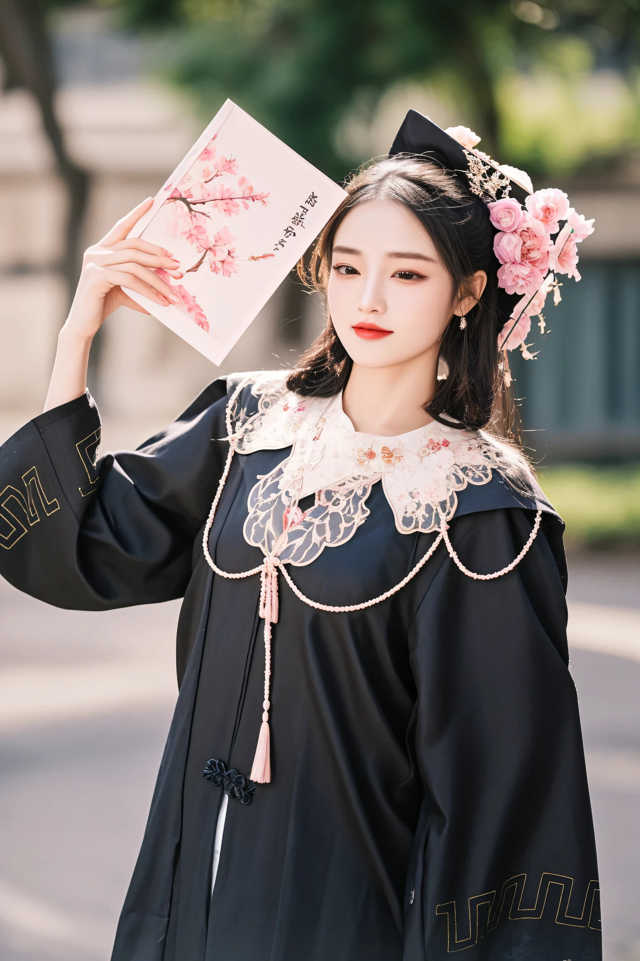 woman in black graduation gown holding up a picture of a woman, palace ， a girl in hanfu, hanfu, traditional chinese clothing, wearing ancient chinese clothes, with acient chinese clothes, chinese costume, white hanfu, wearing an ornate outfit, traditional chinese, wearing pink floral chiton, traditional tai costume, wearing ornate silk clothes, cheongsam
