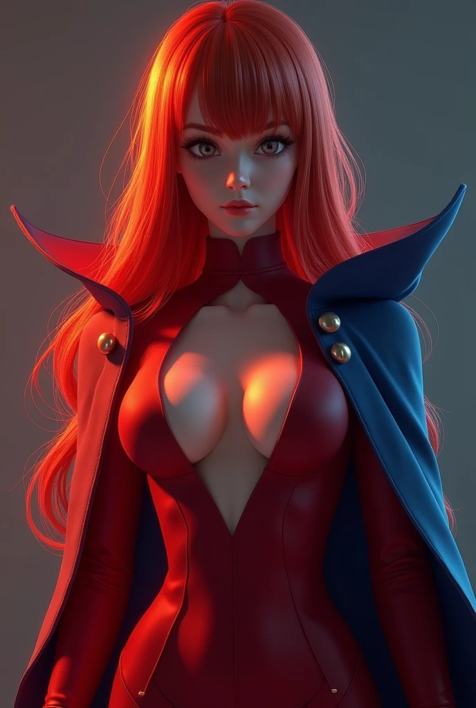 ((RAW Photo), absurd, (absurdresolution)), masterpiece, best quality, (Extremely detailed 8k unity CG wallpaper), (best illustration), (best shadow), Realistic lighting, beautiful detailed glow, ((21 years old)), ((best quality)), ((masterpiece)), (detailed), 1girl, long red hair. beautiful girl with a great figure. Breasts of size 2, in a red suit with a neckline under the chest. on the shoulders a form of red light and a beautiful blue cloak.