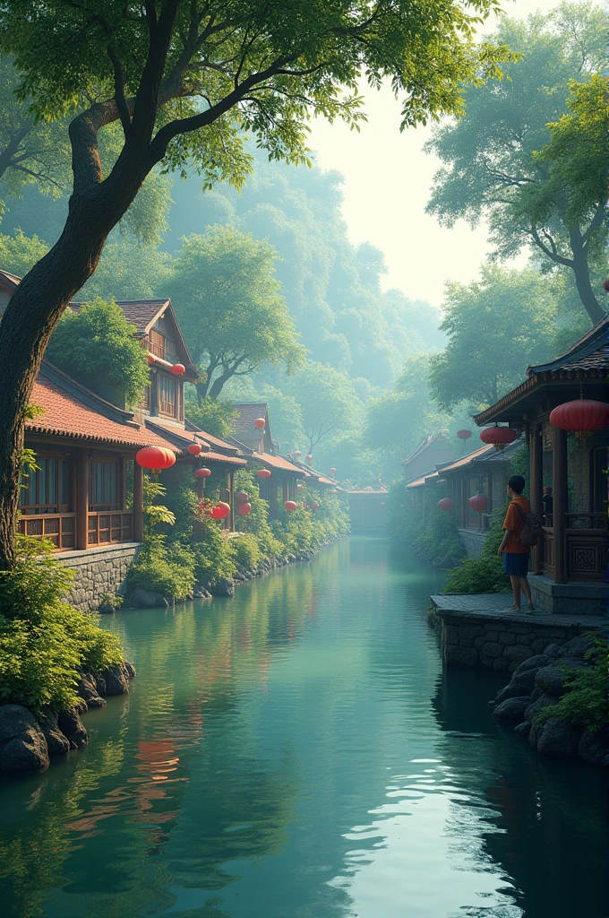 photorealistic, (captivating view) of 17 Agustus gang, a picturesque riverside scene, serene water reflecting the vibrant greenery, (subtle warmth) of early evening light, (calming atmosphere), trees gently swaying, local buildings lining the riverside, hints of daily life, ultra-detailed, high definition, showcasing tranquility and community ambiance.