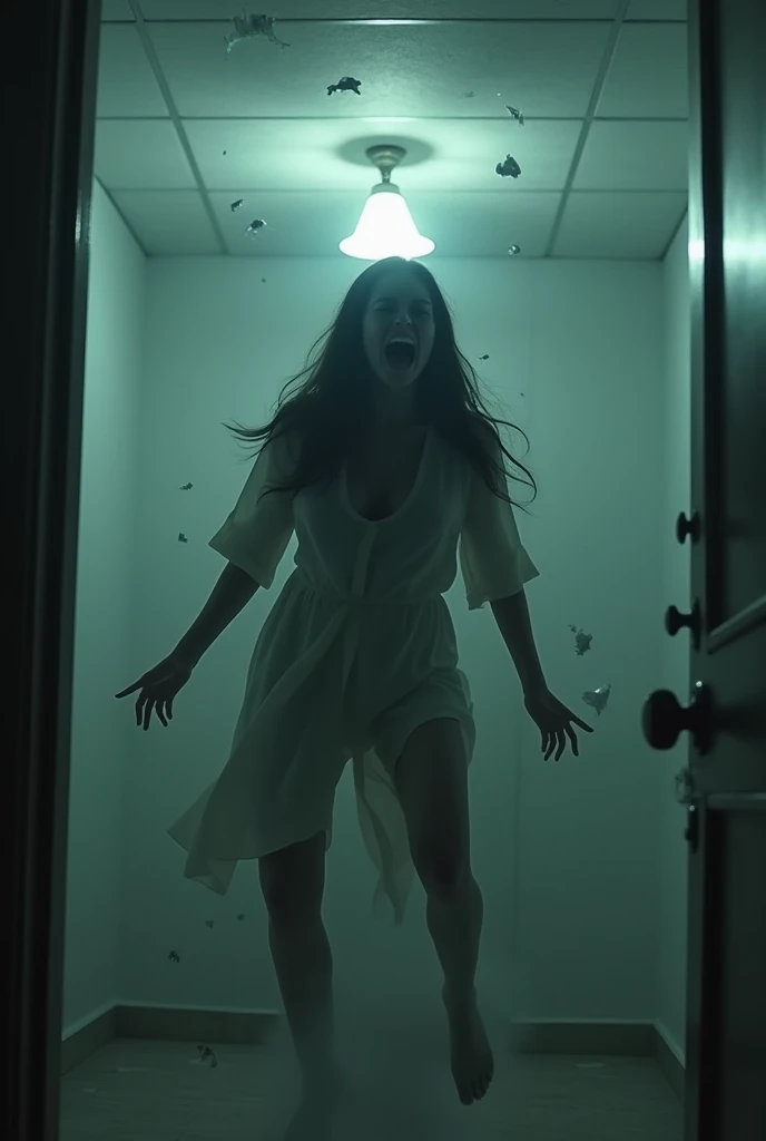 Caught photo (movement shakiness from the head, wide angle, taken from phone) of a 25 year old female getting, possessed by demonpossessed. Levitating off the ground, having a seizure, eyes in the back of head, shaking movement, foaming from the mouth, lights from the ceiling breaking intensely around. Creepy, horror. Realistic, insane, realism, micro realistic