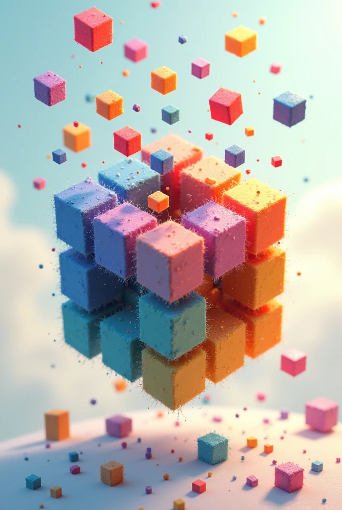 Make an image of a disintegrated cube whose smaller pieces grouped together as two, three and four are floating, with many colors that appear to be moving away but leave part of the cube complete, that is, make an interpretation of the assembly of a cube.