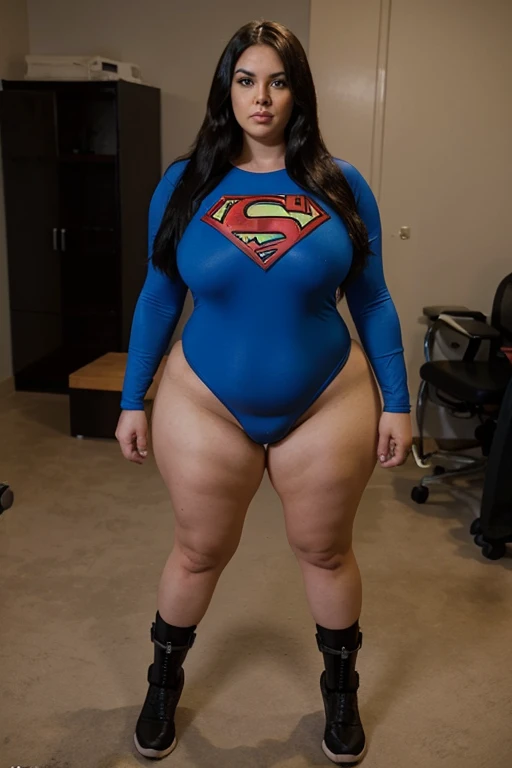 bbw superheroine is standing and paralyzed, full body, bbw