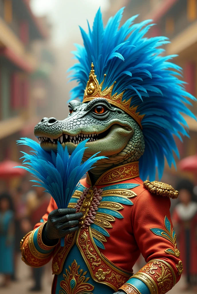 Crocodile dressed in a musical band uniform with blue bird feathers in its mouth