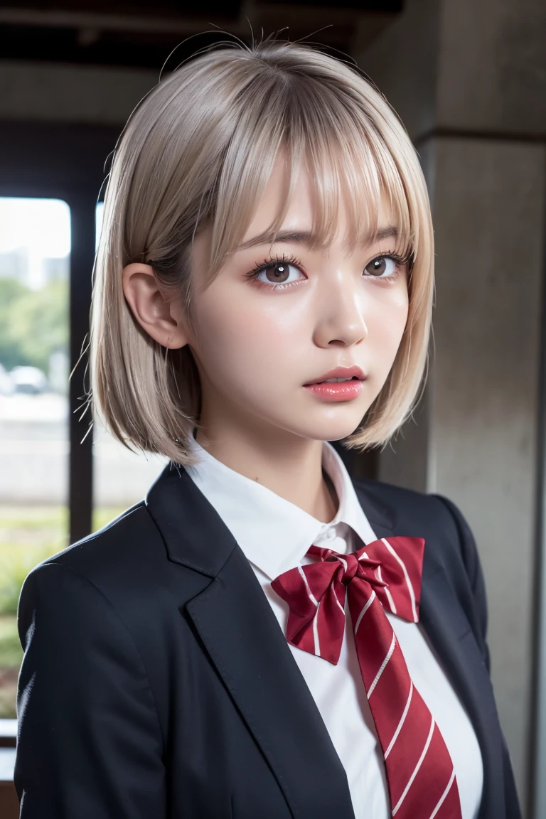 最高品質のwork，actual work，Ultra Premium Graphics，8K HD CG Operation，High quality graphics，고화질 CG work，10x pixels，Extremely fine detail：1.1，Advanced Technical Details：1.1 Real，(階段に足を組んで座っているgirl)Natural light：1.5. Lighting Effects（virtual Lighting Effects：1.8），Wet長いSilver Hair，Silver Hair，Transparent Hair，Hair with attention to detail（Premium Hair Detail：1.1）Clear Eyes，The double eyelids are beautiful，Sharp eye makeup, Delicate eyelash makeup, Thin eyebrows, Very fine grain，High nose, I like red lips, Rose Cheek, A face with subtle makeup , Cute Face, Perfectly balanced face,（Advanced Face Detail：1.1），The Shining，very coolドレス，Bright Red Series，((Front open wet white blazer)) 、(透け感のあるWet白いブラウス)、(Red bow tie)、(Wet Check Skirt)、、girl 、photo shoot，woman&#39;work，Full body portrait，realism，very cool，My eyes are shining today too、(8. she&#39;that&#39;Wet)),(Sudden rain、Wind),(Windでスカートが舞い上がる),(I can see your pants
