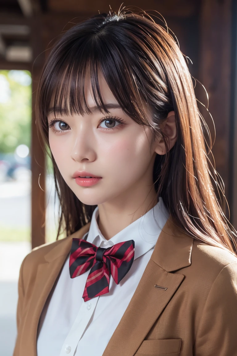 最高品質のwork，actual work，Ultra Premium Graphics，8K HD CG Operation，High quality graphics，고화질 CG work，10x pixels，Extremely fine detail：1.1，Advanced Technical Details：1.1 Real，(階段に足を組んで座っているgirl)Natural light：1.5. Lighting Effects（virtual Lighting Effects：1.8），Wet長いSilver Hair，Silver Hair，Transparent Hair，Hair with attention to detail（Premium Hair Detail：1.1）Clear Eyes，The double eyelids are beautiful，Sharp eye makeup, Delicate eyelash makeup, Thin eyebrows, Very fine grain，High nose, I like red lips, Rose Cheek, A face with subtle makeup , Cute Face, Perfectly balanced face,（Advanced Face Detail：1.1），The Shining，very coolドレス，Bright Red Series，((Front open wet white blazer)) 、(透け感のあるWet白いブラウス)、(Red bow tie)、(Wet Check Skirt)、、girl 、photo shoot，woman&#39;work，Full body portrait，realism，very cool，My eyes are shining today too、(8. she&#39;that&#39;Wet)),(Sudden rain、Wind),(Windでスカートが舞い上がる),(I can see your pants