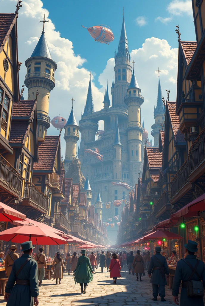 A medieval city with steampunk and anime style