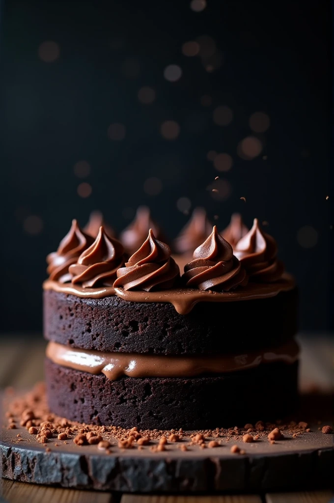 cinematic film still chocolate, chocolate cake, dark background, quality photo, moist texture, frosting, studio photo, slice . shallow depth of field, vignette, highly detailed, high budget, bokeh, cinemascope, moody, epic, gorgeous, film grain, grainy