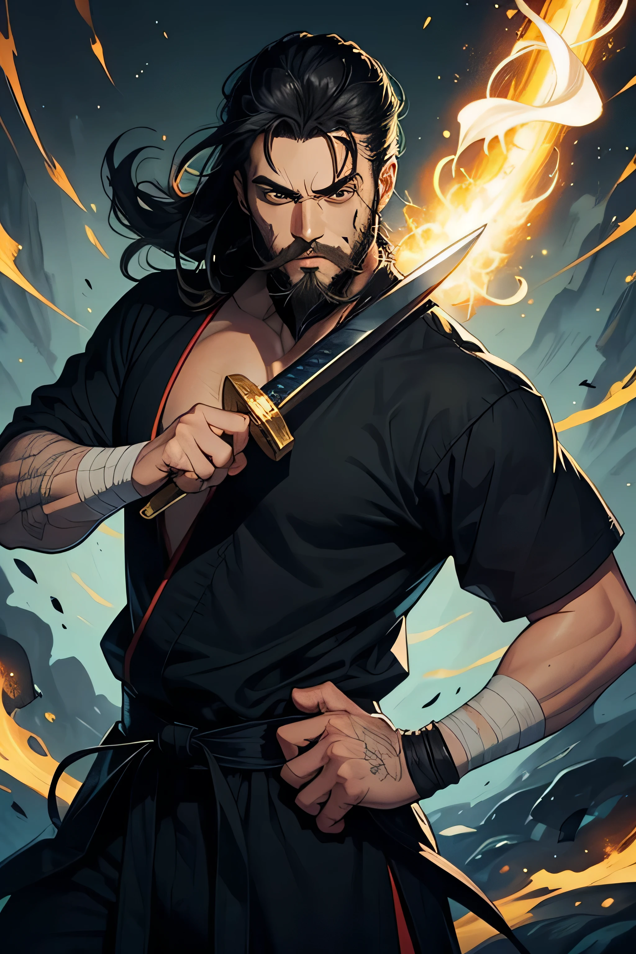 A man with beard carrying a black katana. His on eye i scovered with bandages and he is wearing a black martial arts wearing. He has a smirk on his face and he is excluding killing intent. He has transcendental yellow golden thunder energy surrounding him.magic energy overflowing. 