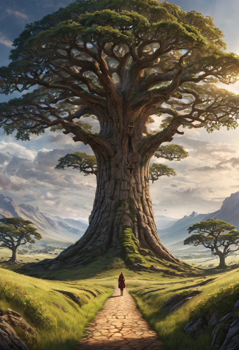 Anthropomorphic humanoid oak tree.  Official Art – Charecter profile. An Award-Winning Digital Masterpiece In 4K Ultra HD, Extreme Detail And Intricate Realism. Symmetrical Face. This Concept Art Brought To Life By The Hands Of Artists Like Wlop & Artgerm In A Stunning 2D Vector Illustration.Background Is A Panoramic Vista.
