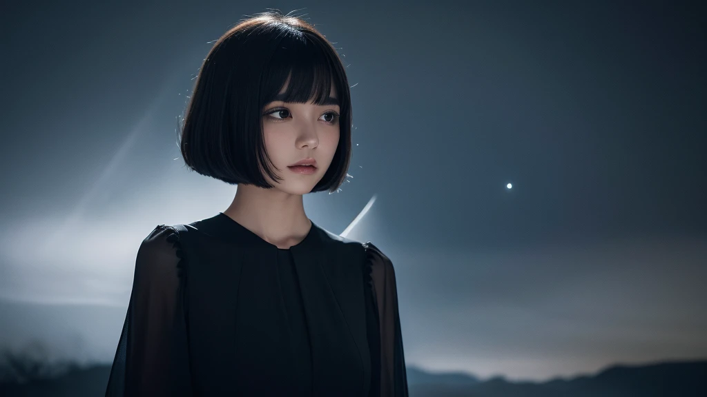 Delicate and dainty young woman with shiny bob-cut black hair . She is wearing black dress. The background is a fantastic and ethereal night sky that seems to be haunted by a specter. Her expression is stern and atmospheric. Angle from directly below.