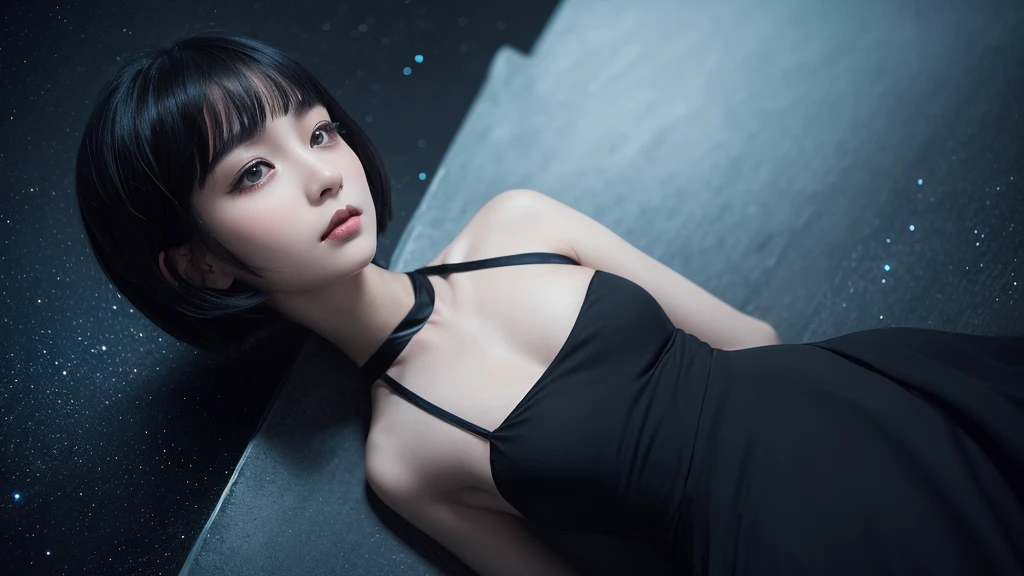 Delicate and dainty young woman with shiny bob-cut black hair . She is wearing black dress. The background is a fantastic and ethereal night sky that seems to be haunted by a specter. Her expression is stern and atmospheric. Angle from directly below.