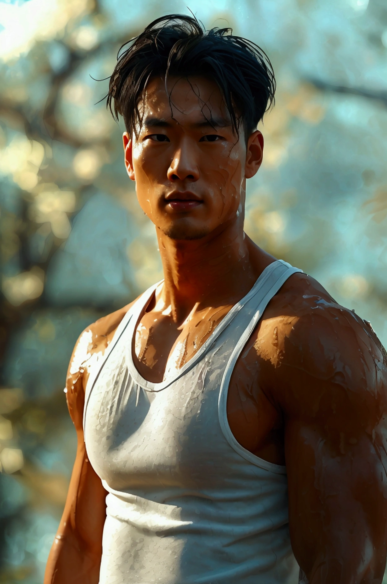 a handsome Asian man, he is wearing a springy white tank top, wet, standing on his back showing his ass, dramatic lighting, hyper-realistic, 8k, high quality, intricate details, cinematic composition, glowing skin, dramatic atmosphere, moody lighting , photorealistic