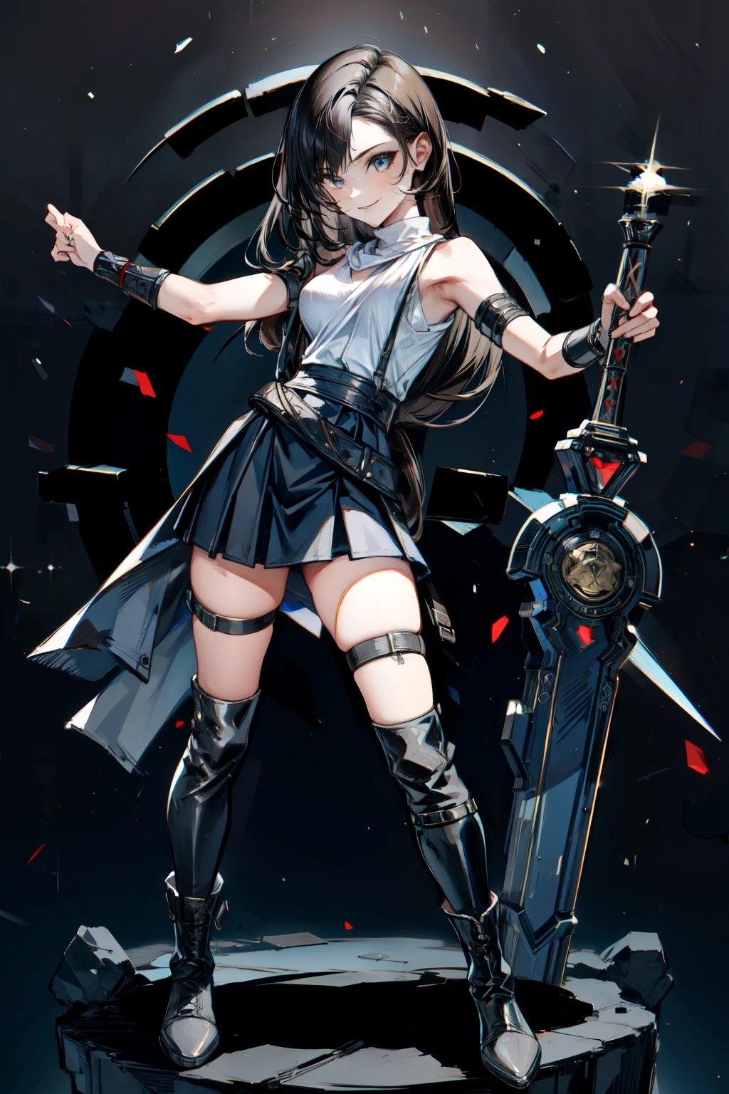 (masterpiece, best quality:1.2), perfect eyes, perfect face, ultra detailed face , Tifa Lockhart, strong make up, highres, 1 girl, solo, make up, (female:1.5),satin, white anciente greek clothes, sleeveless turtleneck, bracer, evil smile, standing, portrait, looking at viewer, giant sword on the back, long leather boots, fullbody shot