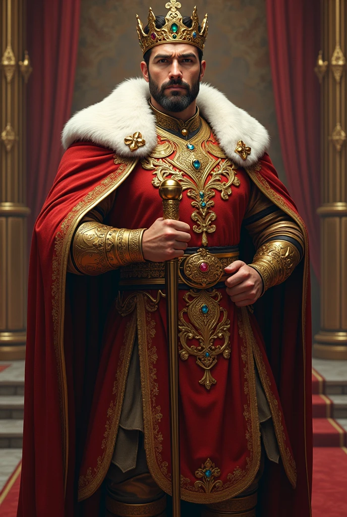 A powerful, majestic king standing tall, wearing an ornate crown and a flowing robe, with a stern expression on his detailed, striking face, in a grand, opulent throne room setting, (best quality,4k,8k,highres,masterpiece:1.2),ultra-detailed,(realistic,photorealistic,photo-realistic:1.37),dramatic lighting, cinematic composition, intricate details, rich colors, ornate decor, grand architecture, dramatic shadows