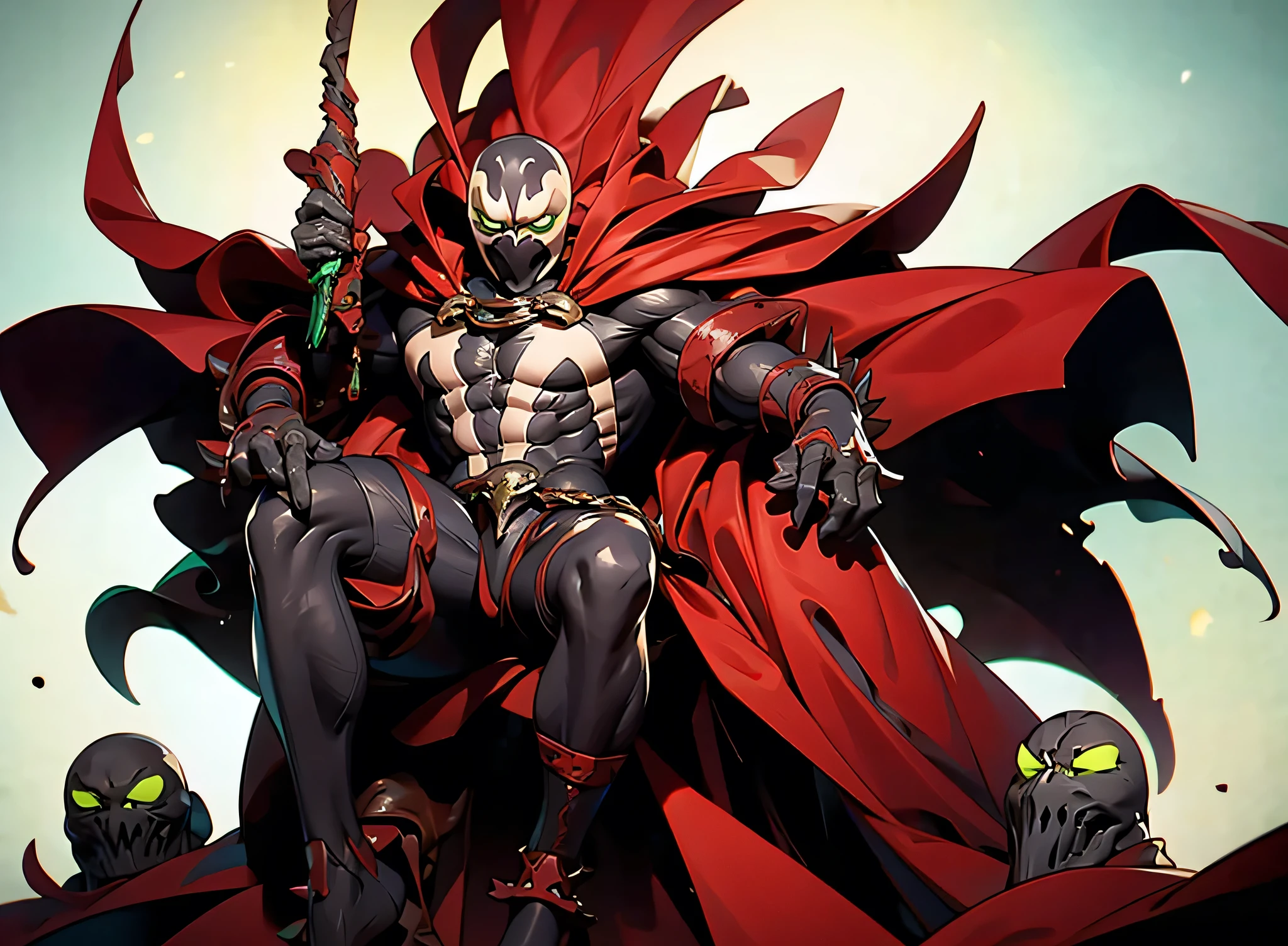 (masterpiece:1.2, best quality:1.2), ((masterpiece)), (((best quality))), ((ultra-detailed)), ((illustration)), (1man, male, solo), (spawn, red cape, chains, green eyes), mask, white markings, full black suit, broad shoulders, chaos, sitting on throne, full body ((hell, underworld)), fisheye lens