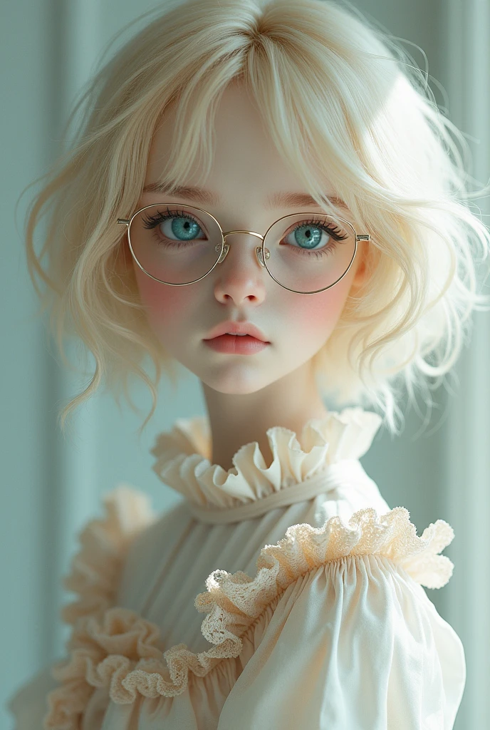 an androgynous person, with honey blonde hair, She wears glasses and her clothing style is Japanese ta with pale skin like a porcelain doll and blue eyes., and it's a porcelain doll