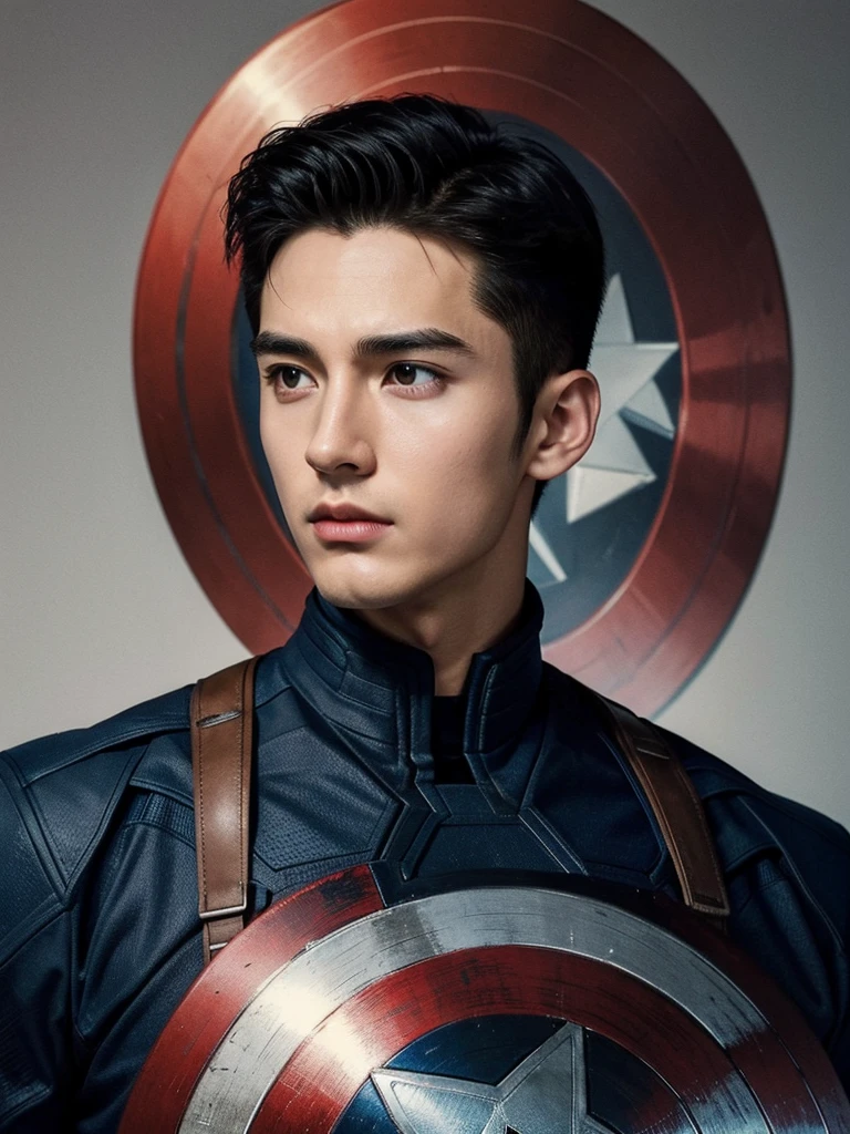 ((Best quality)) , ((Masterpiece)) , (Detailed) ,( Captain America ) , 1 Handsome chinese slim guy, 20 years old, Hair combed smoothly, perfect body shape, big , black hair, beautiful face, focous on face details, wearing captain America uniform, logo of hydra in the background