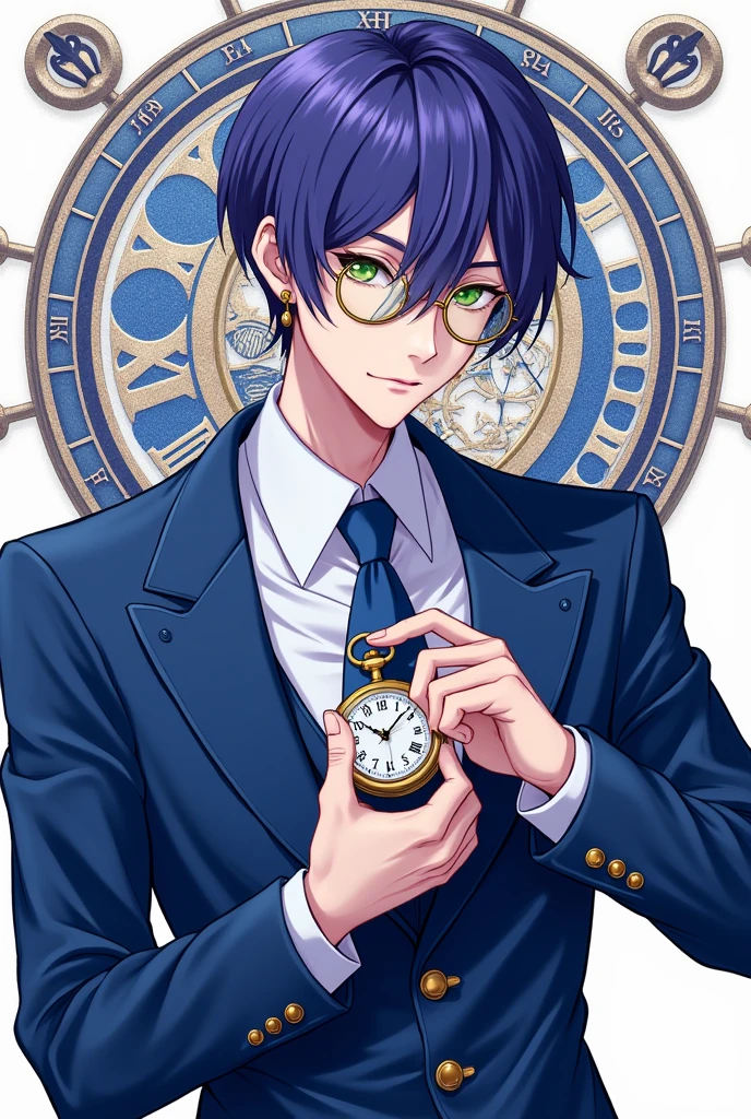 A young male Idol with neat and elegant purple-blue hair. Green eyes. Wearing a European-style performance Idol-outfit in blue and white, European suits combined with sexy Gothic styles, stylized like a modern fashion model, full of artistic personality. Wearing gold monocle glasses and holding a sapphire blue pocket watch. Earrings stylized to match the outfit.
On the background is the Deus ex Machina logo with the symbol of a time-traveling clock. The main color is #e8b923.
See Full-body.