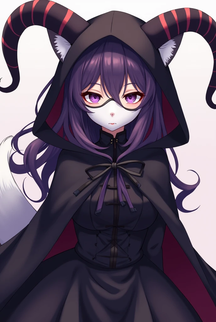 ((Loli)) ((high quality))   a dark girl anime with dark violet hair, wearing a black dress with some frills, dog ears, and a white curled dog tail, wearing a white mask with closed dog eyes that only covers the top part of her face, leaving her mouth exposed , a black cape with a hood with long, backward-curving horns