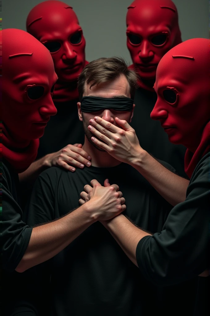 Some people in red masks are tying up a man blindfolded with a black ribbon. And one covered his mouth with his hand

