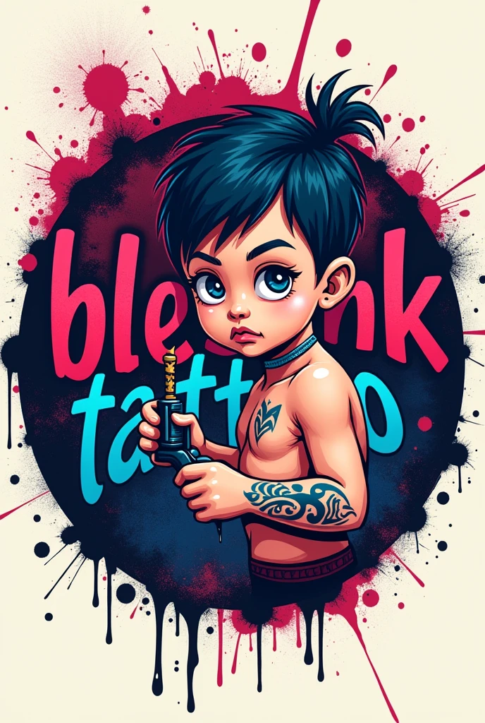 Circle logo image with spilled paint splatter, in which there is a small child with a tattoo holding a tattoo machine and behind him there is large writing "blessink tattoo" Red blue pink color