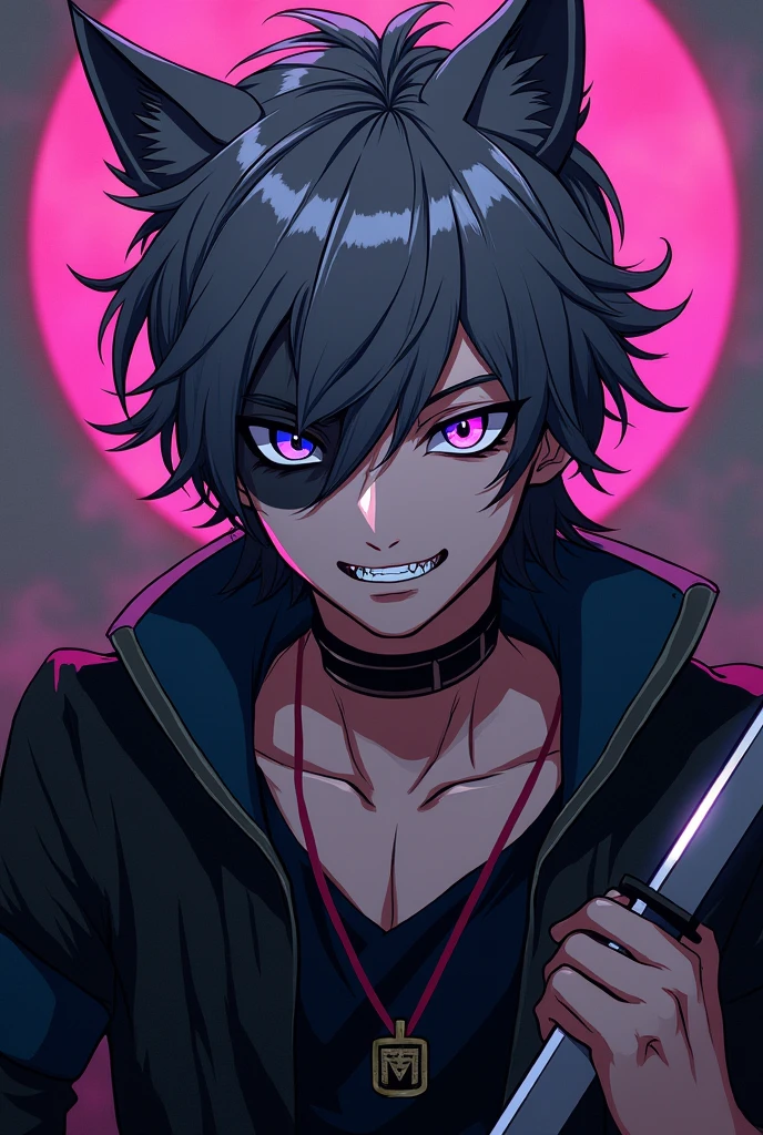 I want a boy with gray hair who has black locks, he has monochrome, one eye is black and the other is a mix of purple and gray, knife, he is smiling with wolf fangs, knife, wolf ear in his black eye, knife, a black mark around his eye. character and male I want in the anime footprint