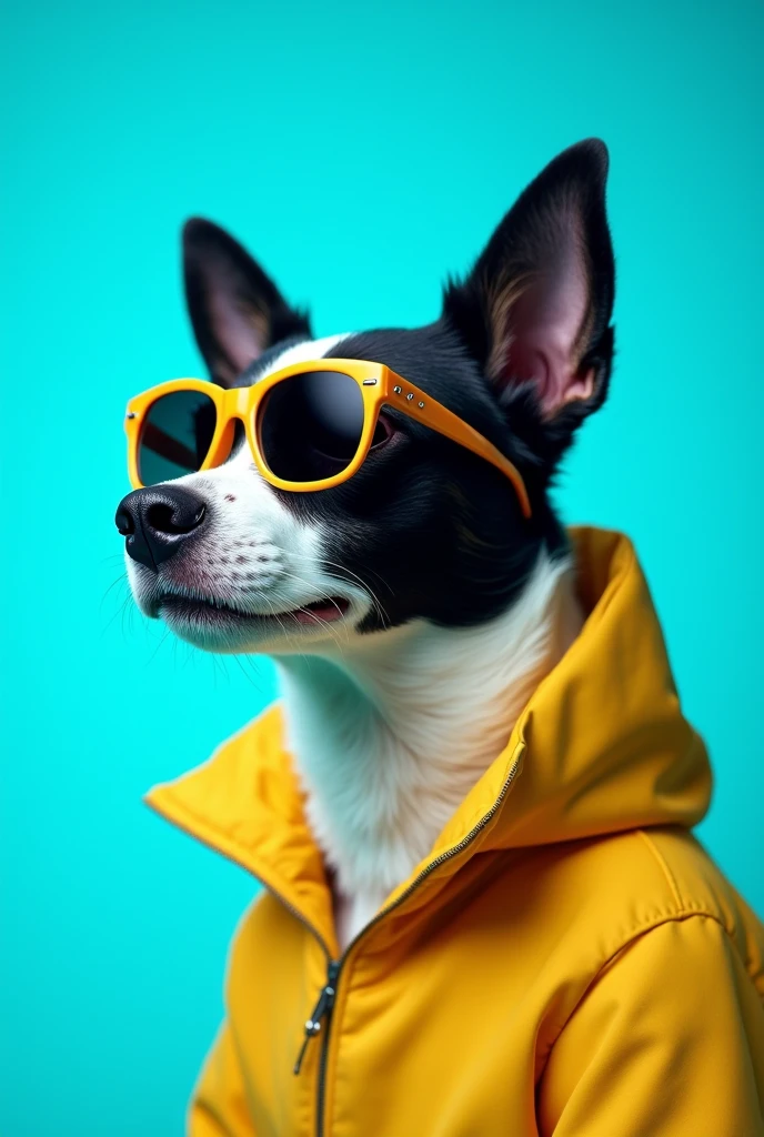 The best cell phone wallpaper, Award-Winning Wallpaper, portrait photography, In the front view is a portrait of a cute dog wearing mid-1960s space age fashion, Side view photo, Shot with Canon EOS R5, Set a strong contrast that accentuates the subject, Fluorescent blue tone, Wearing a very modern coat and sunglasses is a modern 1960s style, Clothes all in one color, beautiful background