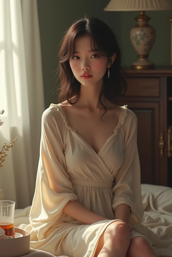 A beautiful, cute young woman wearing nightgown is sitting on the bed, getting ready to sleep.