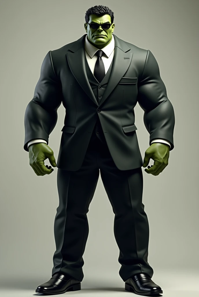 Hulk wearing a full gentleman suit with dark shades