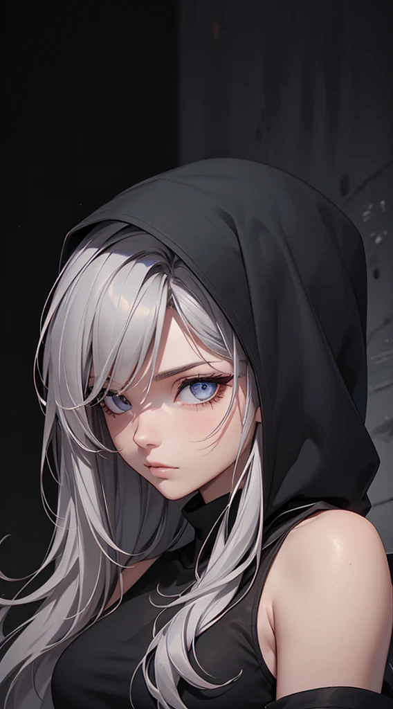 white elf girl, dark gray hair color, very long and loose hair, gray eye color, small eyes, round eye shape, eyeliner, realistic face shape. black shirt, portrait, wearing a black hood, Black background, depth of field. looking to the camera, dreamy look detailed eyes, detailed face, detailed skin, ultra detailed, beautiful and aesthetic, masterpiece, Best Quality, shoulders showing. fish net fabric, round chin shape. wearing black hood over hair. showing upper body and full face. wearing a black hood, many styles in the background, away, in black and white. bright,