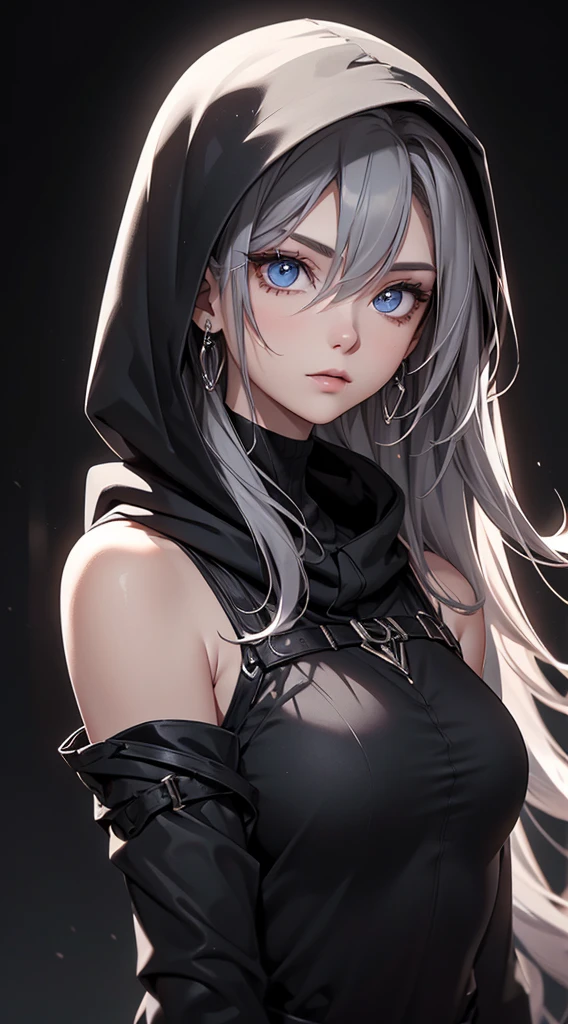 white elf girl, dark gray hair color, very long and loose hair, gray eye color, small eyes, round eye shape, eyeliner, realistic face shape. black shirt, portrait, wearing a black hood, Black background, depth of field. looking to the camera, dreamy look detailed eyes, detailed face, detailed skin, ultra detailed, beautiful and aesthetic, masterpiece, Best Quality, shoulders showing. fish net fabric, round chin shape. wearing black hood over hair. showing upper body and full face. wearing a black hood, many styles in the background, away, in black and white. bright,