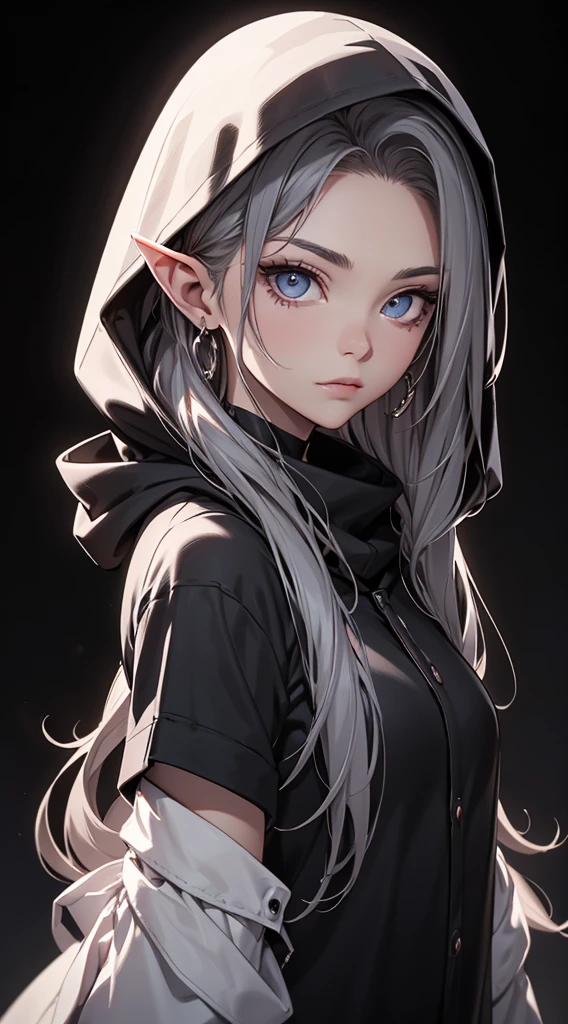 white elf girl, dark gray hair color, very long and loose hair, gray eye color, small eyes, round eye shape, eyeliner, realistic face shape. black shirt, portrait, wearing a black hood, Black background, depth of field. looking to the camera, dreamy look detailed eyes, detailed face, detailed skin, ultra detailed, beautiful and aesthetic, masterpiece, Best Quality, shoulders showing. fish net fabric, round chin shape. wearing black hood over hair. showing upper body and full face. wearing a black hood, many styles in the background, away, in black and white. bright,
