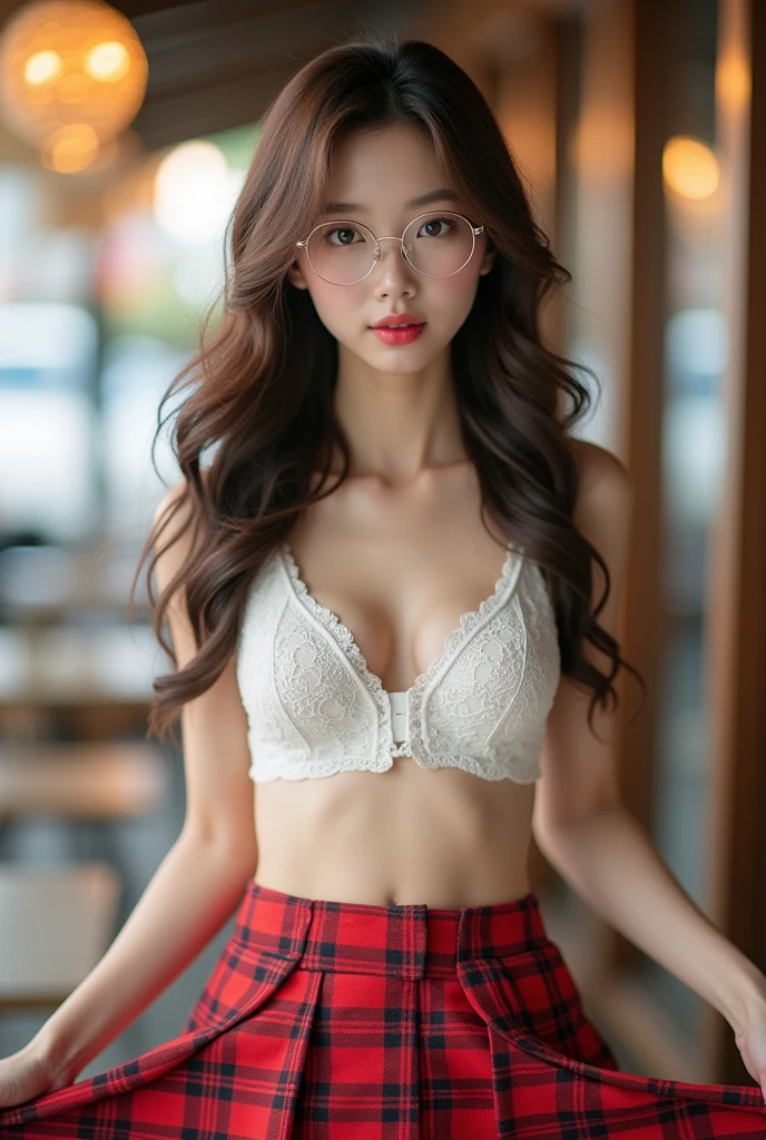 ((best quality, 8K, masterpiece: 1.3)), beautiful korean girl, pure, melon face, kind and cute, light smile, pure desire, slender body, (front), (tilted head), long brown wavy hair, windy hair, long flowing shoulders, round black big eyes, round glasses, clear big eyes, moist red lips, sweet, standing in cafe shop, blured background, bright lighting, open mouth, pleading eyes, ((((whole body)))), sexy slender legs, small firm breasts, lift your skirt, ((slim muscular body)), (M-legs:1.5), ((lifting you own skirt:1.5)), wearing slim white lace bra and red tartan micro skirt, upskirt white panties, tilted head, (arms up, arms above head)