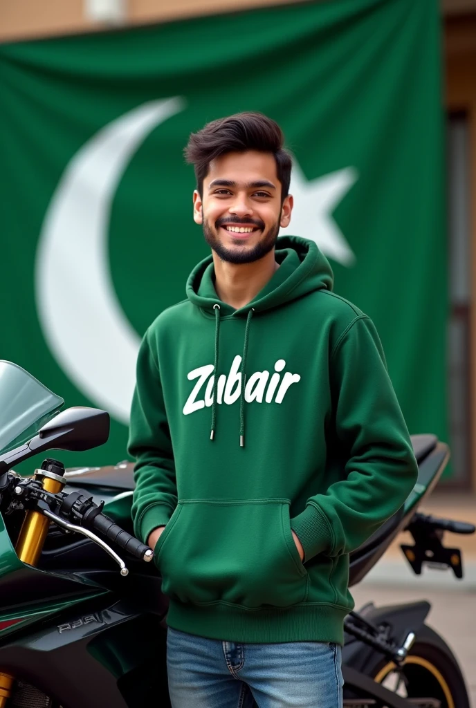 A cute 18 years old boy standing beside a green sports bike, wearing a green hoodie with the name 'Zubair' written on it, with a Pakistan flag in the background."