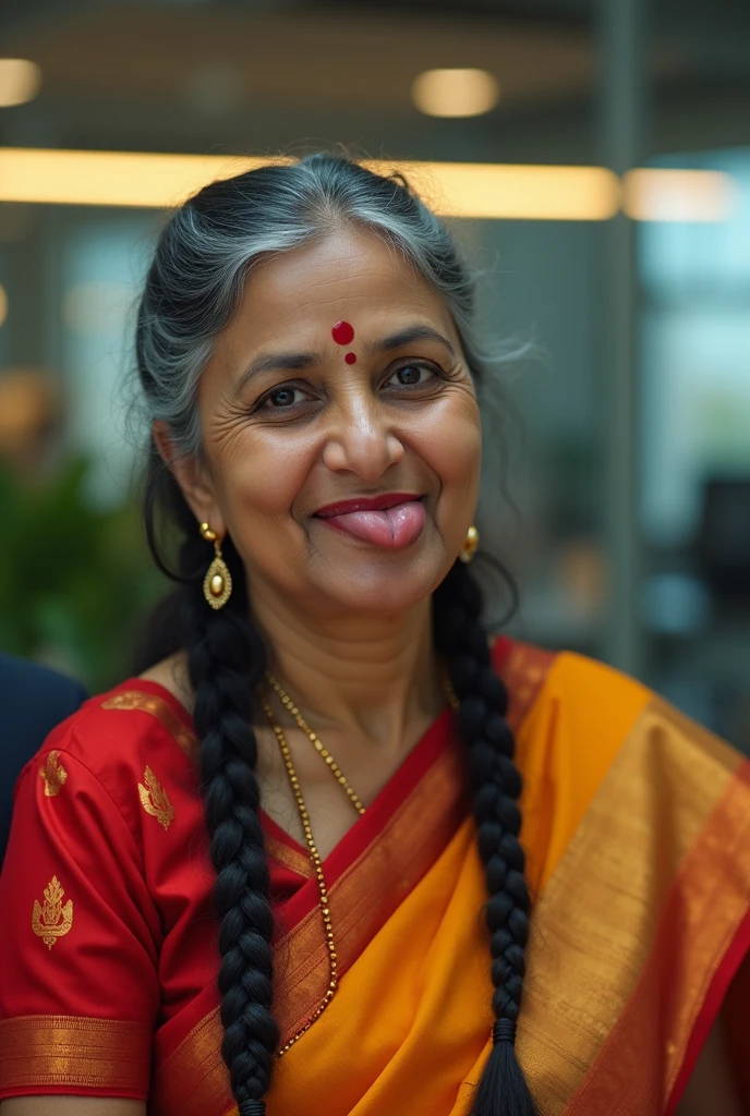in luxerius office items sorrounded bright lighted modern indian office,Six 65 years old indian ladies,in sarees,while licking scalp with thiers tongues out,wears sarees,red lipsstick,cornrowed braided hair,styled with 100000 liters hair oil,hairs like viscus oiled pulp,slick combed hair lines highly visible,{{{{{{NSFW}}}}}