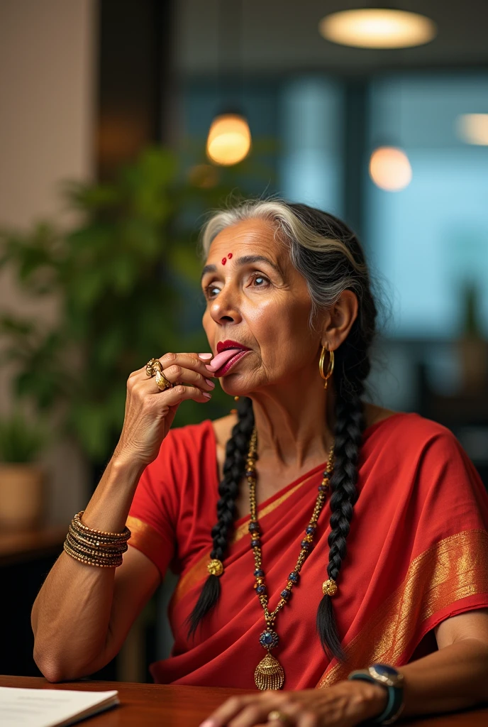 in luxerius office items sorrounded bright lighted modern indian office,Six 65 years old indian ladies,in sarees,while licking scalp with thiers tongues out,wears sarees,red lipsstick,cornrowed braided hair,styled with 100000 liters hair oil,hairs like viscus oiled pulp,slick combed hair lines highly visible,{{{{{{NSFW}}}}}