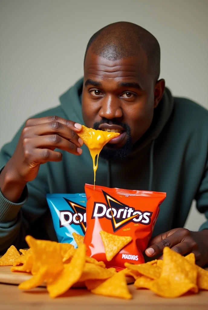 Kanye West eating some Doritos and some Takis with cheese