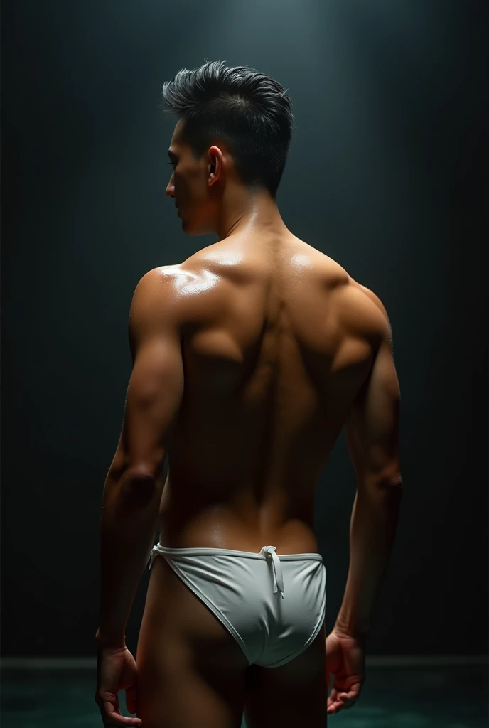 a handsome Asian man, he is wearing a springy white tank top, wet, standing on his back showing his ass, dramatic lighting, hyper-realistic, 8k, high quality, intricate details, cinematic composition, glowing skin, dramatic atmosphere, moody lightingstanding on his back showing his ass with lean legs