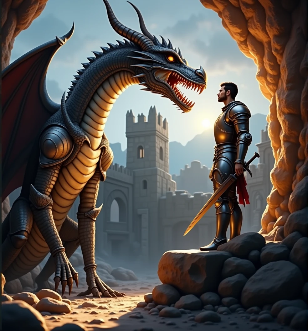 [Core Concept]
A courageous knight, Ivan, engaged in a perilous battle against a fearsome dragon within the confines of a dark, foreboding cave.

[Character Description]
The valiant knight, Ivan, stands resolute, his armored figure casting a dramatic silhouette as he prepares to face the monstrous dragon, every muscle taut with determination.

[Environment/Background]
The cavernous space is shrouded in shadows, the walls glistening with moisture and the air heavy with a sense of unease. The dragon's massive form looms in the background, its scales gleaming with an otherworldly iridescence.

[Style and Atmosphere]
The scene is rendered with a masterful blend of realism and drama, the chiaroscuro lighting lending an intense, almost cinematic quality to the composition. The bright, vivid colors heighten the sense of danger and the palpable tension of the confrontation.

[Composition]
The composition is tightly framed, drawing the viewer's attention to the central figures and the impending clash, with the knight's powerful stance and the dragon's coiled, menacing presence creating a sense of imminent action.

[Details and Embellishments]
The intricate details of the knight's armor and the dragon's features are rendered with exceptional sharpness and clarity, heightening the sense of realism and the visceral nature of the encounter.

[Technical Specifications]
The image is a masterpiece, with a level of detail and realism that transports the viewer into the heart of the kingdom's delight – a thrilling, high-stakes confrontation between a brave knight and a formidable dragon.