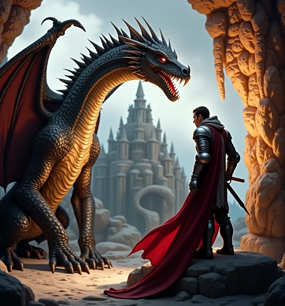 [Core Concept]
A courageous knight, Ivan, engaged in a perilous battle against a fearsome dragon within the confines of a dark, foreboding cave.

[Character Description]
The valiant knight, Ivan, stands resolute, his armored figure casting a dramatic silhouette as he prepares to face the monstrous dragon, every muscle taut with determination.

[Environment/Background]
The cavernous space is shrouded in shadows, the walls glistening with moisture and the air heavy with a sense of unease. The dragon's massive form looms in the background, its scales gleaming with an otherworldly iridescence.

[Style and Atmosphere]
The scene is rendered with a masterful blend of realism and drama, the chiaroscuro lighting lending an intense, almost cinematic quality to the composition. The bright, vivid colors heighten the sense of danger and the palpable tension of the confrontation.

[Composition]
The composition is tightly framed, drawing the viewer's attention to the central figures and the impending clash, with the knight's powerful stance and the dragon's coiled, menacing presence creating a sense of imminent action.

[Details and Embellishments]
The intricate details of the knight's armor and the dragon's features are rendered with exceptional sharpness and clarity, heightening the sense of realism and the visceral nature of the encounter.

[Technical Specifications]
The image is a masterpiece, with a level of detail and realism that transports the viewer into the heart of the kingdom's delight – a thrilling, high-stakes confrontation between a brave knight and a formidable dragon.
