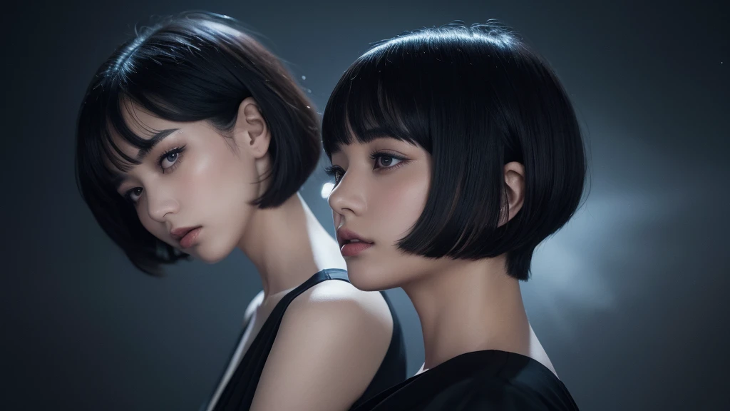 Delicate and dainty young woman with shiny bob-cut black hair . She is wearing black dress. The background is a fantastic and ethereal night sky that seems to be haunted by a specter. Her expression is stern and atmospheric. Angle from directly below.
