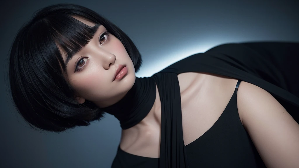 Delicate and dainty young woman with shiny bob-cut black hair . She is wearing black dress. The background is a fantastic and ethereal night sky that seems to be haunted by a specter. Her expression is stern and atmospheric. Angle from directly below.