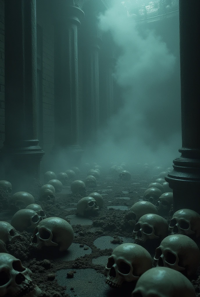 Create an image of a dark place with a floor made of skulls and white fog on the ground