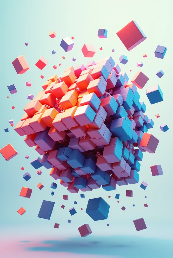 Make an image of a disintegrated cube whose smaller pieces grouped together as two, three and four are floating, with many colors that appear to be moving away but leave part of the cube complete, that is, make an interpretation of the assembly of a cube.