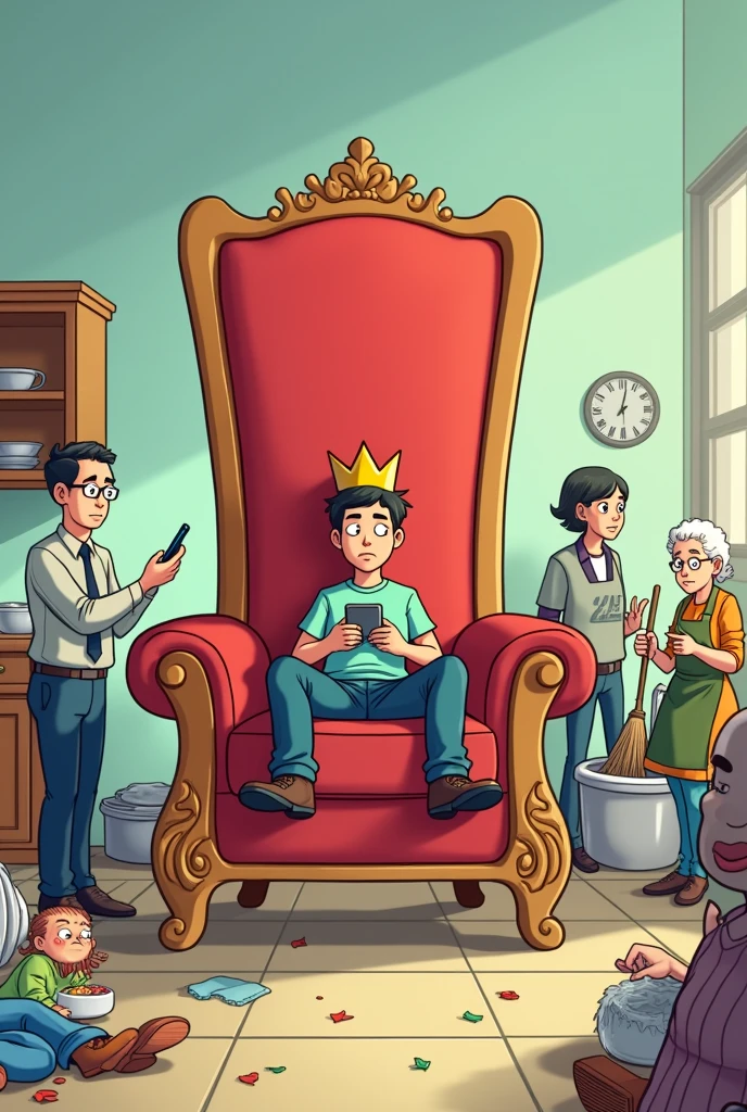 Drawing of an extremely tall chair in the center, with a teenager dressed like a king, wearing a crown and holding a cell phone. The teenager is sitting on the top of the chair with an expression of indifference. Around the chair, members of a family perform different household tasks: a father in office clothes holding a briefcase, another father washing dishes with an apron, a mother sweeping the floor, another mother washing clothes by hand in a sink, and a grandmother taking care of a small child. All family members seem tired and busy, while the teenager remains on the throne, oblivious to the work of others. The background shows a simple house, with details like a sink full of dishes and scattered clothes. The atmosphere of the cartoon should emphasize the workload of adults and the relaxed attitude of the teenager.