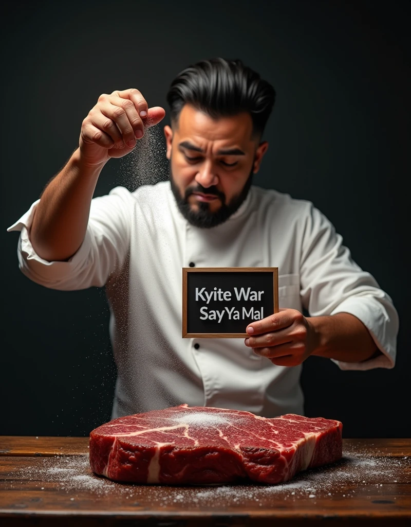 Salt bae spilling salts on a steak with one hand and another hand holding a sign with text "Kyite War Say Ya Mal"