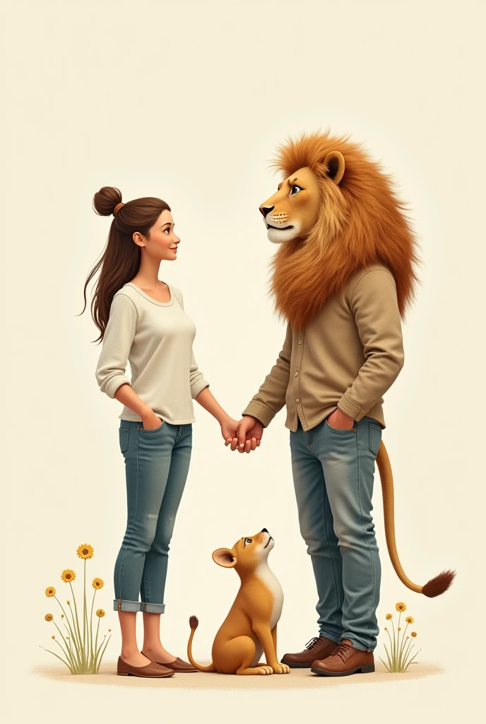 A woman and a man holding hands with a lion face in a white shirt and jeans