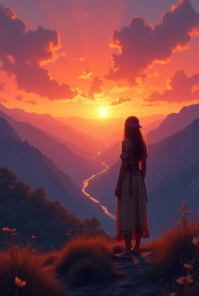 painting of a woman wear primitive clothes looking out over a valley at sunset, by Alena Aenami, art of alena aenami, inspired by Alena Aenami, rob rey, concept art artwork masterpiece, by Andreas Rocha, painted by andreas rocha, artistic. alena aenami, by Jason Felix, 8k stunning artwork, artgem and beeple masterpiece