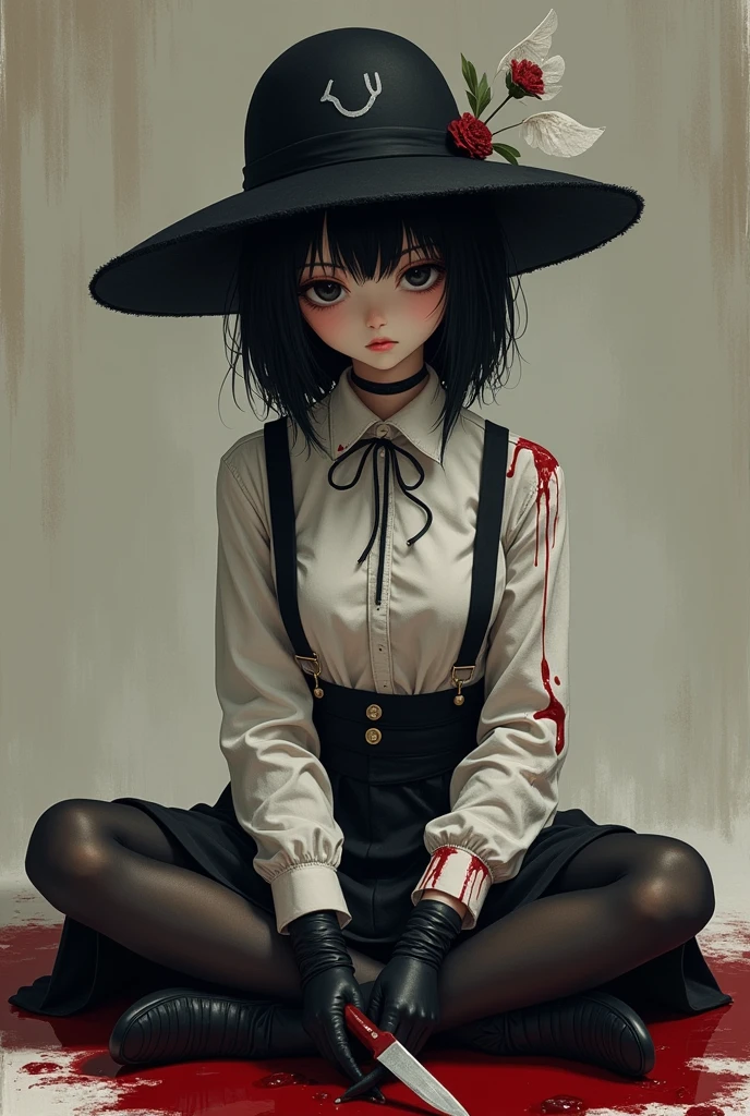 girl height 153 cm , hair color black hair, hairstyle indie, straight.  Eye color black she was sitting in lotus position .Panama hat black with a sad smiley face. Clothes top gentleman white black all bloody, skirt covered and medium size. Stockings black and white they are all bloody too. The girl is holding a knife, she was wearing gloves.